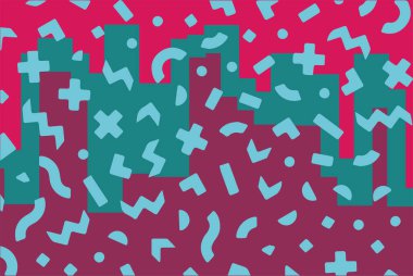 Geometrik desenli arka plana yayılmış rastgele şekilli konfeti süslemeleri. Parlak renklerle geçmişe dönük titreşimler.