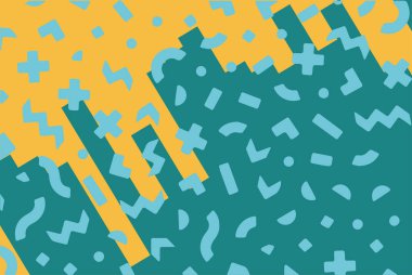 Geometrik desenli arka plana yayılmış rastgele şekilli konfeti süslemeleri. Parlak renklerle geçmişe dönük titreşimler.