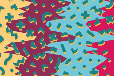 Geometrik desenli arka plana yayılmış rastgele şekilli konfeti süslemeleri. Parlak renklerle geçmişe dönük titreşimler.
