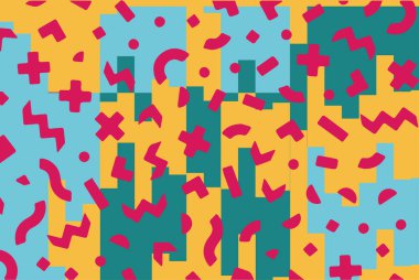 Geometrik desenli arka plana yayılmış rastgele şekilli konfeti süslemeleri. Parlak renklerle geçmişe dönük titreşimler.