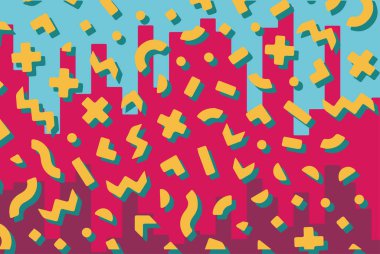 Geometrik desenli arka plana yayılmış rastgele şekilli konfeti süslemeleri. Parlak renklerle geçmişe dönük titreşimler.