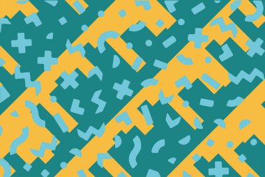 Geometrik desenli arka plana yayılmış rastgele şekilli konfeti süslemeleri. Parlak renklerle geçmişe dönük titreşimler.