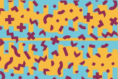 Geometrik desenli arka plana yayılmış rastgele şekilli konfeti süslemeleri. Parlak renklerle geçmişe dönük titreşimler.