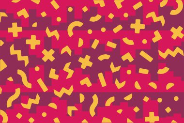 Geometrik desenli arka plana yayılmış rastgele şekilli konfeti süslemeleri. Parlak renklerle geçmişe dönük titreşimler.