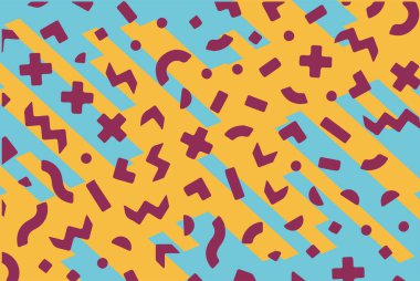 Geometrik desenli arka plana yayılmış rastgele şekilli konfeti süslemeleri. Parlak renklerle geçmişe dönük titreşimler.