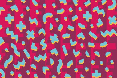 Geometrik desenli arka plana yayılmış rastgele şekilli konfeti süslemeleri. Parlak renklerle geçmişe dönük titreşimler.