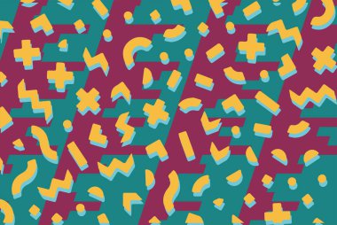 Geometrik desenli arka plana yayılmış rastgele şekilli konfeti süslemeleri. Parlak renklerle geçmişe dönük titreşimler.