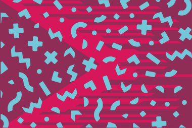 Geometrik desenli arka plana yayılmış rastgele şekilli konfeti süslemeleri. Parlak renklerle geçmişe dönük titreşimler.