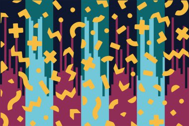 Geometrik desenli arka plana yayılmış rastgele şekilli konfeti süslemeleri. Parlak renklerle geçmişe dönük titreşimler.