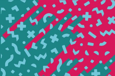 Geometrik desenli arka plana yayılmış rastgele şekilli konfeti süslemeleri. Parlak renklerle geçmişe dönük titreşimler.