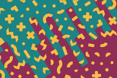 Geometrik desenli arka plana yayılmış rastgele şekilli konfeti süslemeleri. Parlak renklerle geçmişe dönük titreşimler.