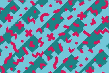 Geometrik desenli arka plana yayılmış rastgele şekilli konfeti süslemeleri. Parlak renklerle geçmişe dönük titreşimler.