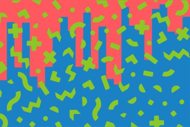 Geometrik desenli arka plana yayılmış rastgele şekilli konfeti süslemeleri. Parlak renklerle geçmişe dönük titreşimler.