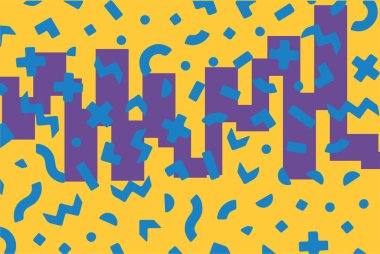 Geometrik desenli arka plana yayılmış rastgele şekilli konfeti süslemeleri. Parlak renklerle geçmişe dönük titreşimler.