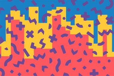 Geometrik desenli arka plana yayılmış rastgele şekilli konfeti süslemeleri. Parlak renklerle geçmişe dönük titreşimler.