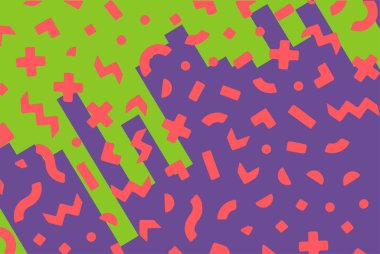 Geometrik desenli arka plana yayılmış rastgele şekilli konfeti süslemeleri. Parlak renklerle geçmişe dönük titreşimler.