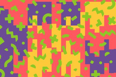 Geometrik desenli arka plana yayılmış rastgele şekilli konfeti süslemeleri. Parlak renklerle geçmişe dönük titreşimler.