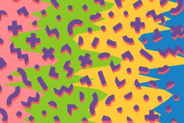 Geometrik desenli arka plana yayılmış rastgele şekilli konfeti süslemeleri. Parlak renklerle geçmişe dönük titreşimler.