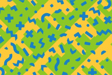 Geometrik desenli arka plana yayılmış rastgele şekilli konfeti süslemeleri. Parlak renklerle geçmişe dönük titreşimler.