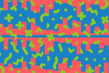 Geometrik desenli arka plana yayılmış rastgele şekilli konfeti süslemeleri. Parlak renklerle geçmişe dönük titreşimler.