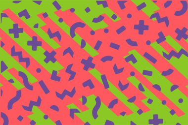 Geometrik desenli arka plana yayılmış rastgele şekilli konfeti süslemeleri. Parlak renklerle geçmişe dönük titreşimler.