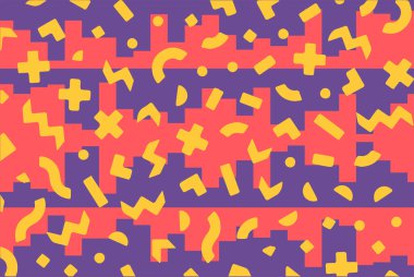 Geometrik desenli arka plana yayılmış rastgele şekilli konfeti süslemeleri. Parlak renklerle geçmişe dönük titreşimler.