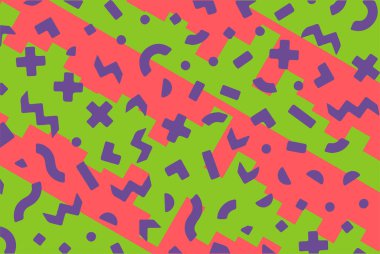 Geometrik desenli arka plana yayılmış rastgele şekilli konfeti süslemeleri. Parlak renklerle geçmişe dönük titreşimler.