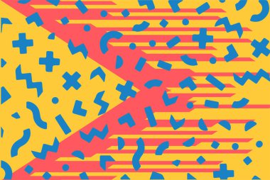 Geometrik desenli arka plana yayılmış rastgele şekilli konfeti süslemeleri. Parlak renklerle geçmişe dönük titreşimler.