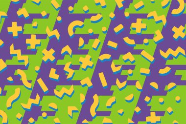 Geometrik desenli arka plana yayılmış rastgele şekilli konfeti süslemeleri. Parlak renklerle geçmişe dönük titreşimler.