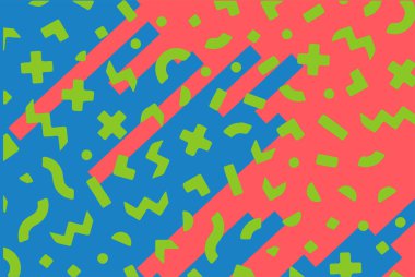 Geometrik desenli arka plana yayılmış rastgele şekilli konfeti süslemeleri. Parlak renklerle geçmişe dönük titreşimler.