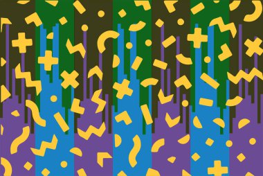 Geometrik desenli arka plana yayılmış rastgele şekilli konfeti süslemeleri. Parlak renklerle geçmişe dönük titreşimler.