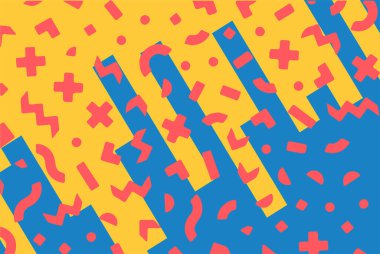 Geometrik desenli arka plana yayılmış rastgele şekilli konfeti süslemeleri. Parlak renklerle geçmişe dönük titreşimler.