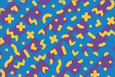 Geometrik desenli arka plana yayılmış rastgele şekilli konfeti süslemeleri. Parlak renklerle geçmişe dönük titreşimler.