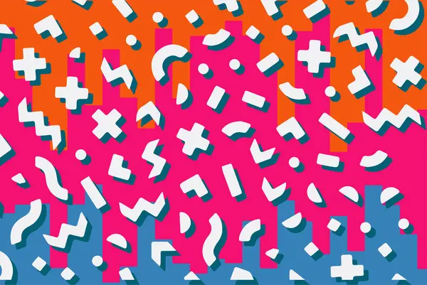 Geometrik desenli arka plana yayılmış rastgele şekilli konfeti süslemeleri. Parlak renklerle geçmişe dönük titreşimler.