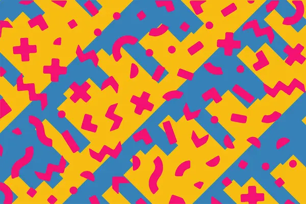 Geometrik desenli arka plana yayılmış rastgele şekilli konfeti süslemeleri. Parlak renklerle geçmişe dönük titreşimler.