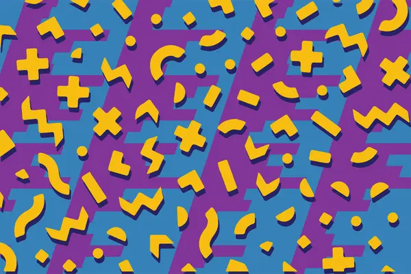 Geometrik desenli arka plana yayılmış rastgele şekilli konfeti süslemeleri. Parlak renklerle geçmişe dönük titreşimler.