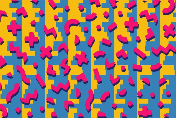 Geometrik desenli arka plana yayılmış rastgele şekilli konfeti süslemeleri. Parlak renklerle geçmişe dönük titreşimler.