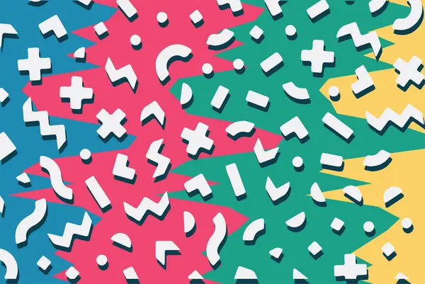 Geometrik desenli arka plana yayılmış rastgele şekilli konfeti süslemeleri. Parlak renklerle geçmişe dönük titreşimler.