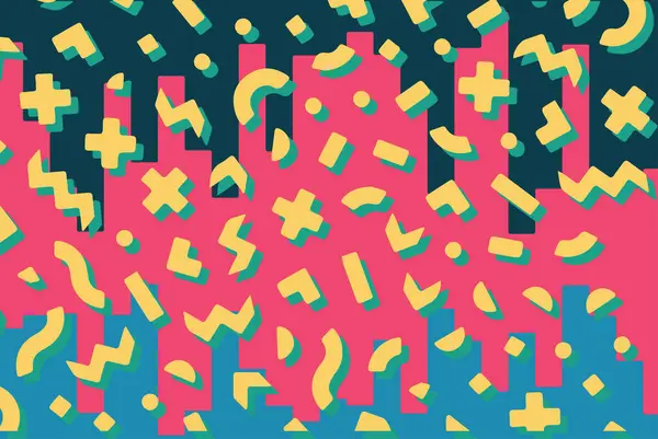 Geometrik desenli arka plana yayılmış rastgele şekilli konfeti süslemeleri. Parlak renklerle geçmişe dönük titreşimler.
