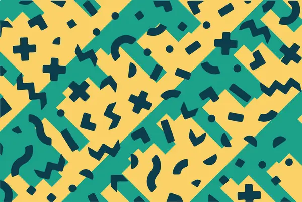 Geometrik desenli arka plana yayılmış rastgele şekilli konfeti süslemeleri. Parlak renklerle geçmişe dönük titreşimler.