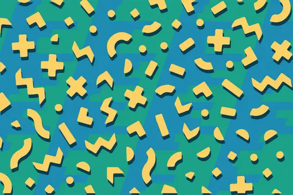 Geometrik desenli arka plana yayılmış rastgele şekilli konfeti süslemeleri. Parlak renklerle geçmişe dönük titreşimler.