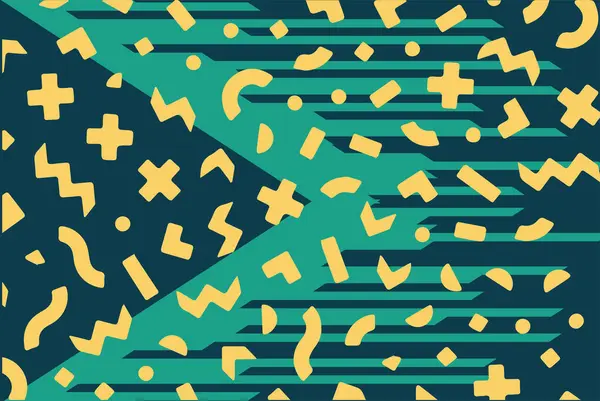 Geometrik desenli arka plana yayılmış rastgele şekilli konfeti süslemeleri. Parlak renklerle geçmişe dönük titreşimler.