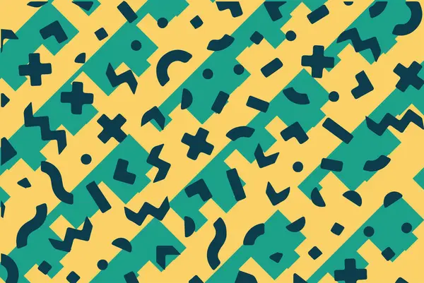 Geometrik desenli arka plana yayılmış rastgele şekilli konfeti süslemeleri. Parlak renklerle geçmişe dönük titreşimler.