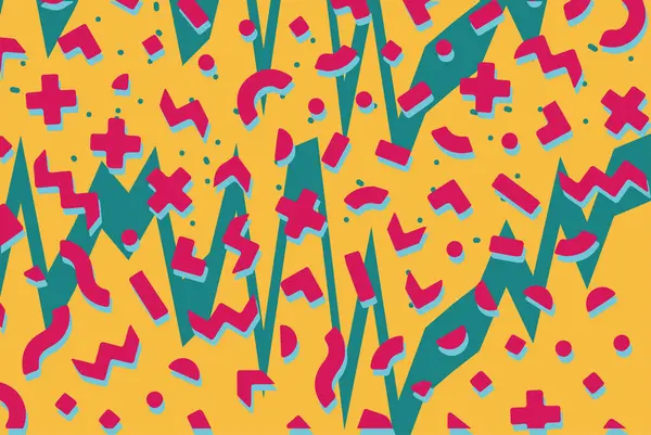 Geometrik desenli arka plana yayılmış rastgele şekilli konfeti süslemeleri. Parlak renklerle geçmişe dönük titreşimler.