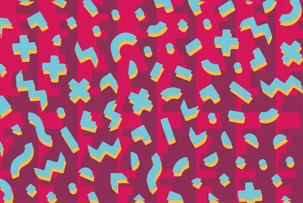 Geometrik desenli arka plana yayılmış rastgele şekilli konfeti süslemeleri. Parlak renklerle geçmişe dönük titreşimler.