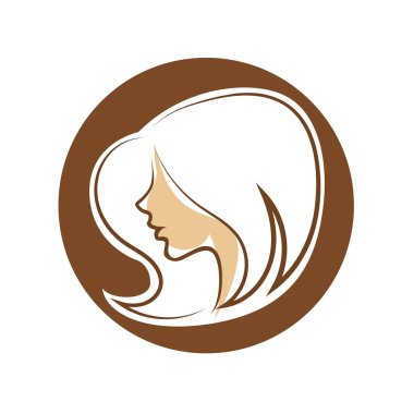 Saç ve güzellikle ilgili logo ya da ilgili herhangi bir grafik amaç için süs rozeti şekilli kadın profili çizimi.