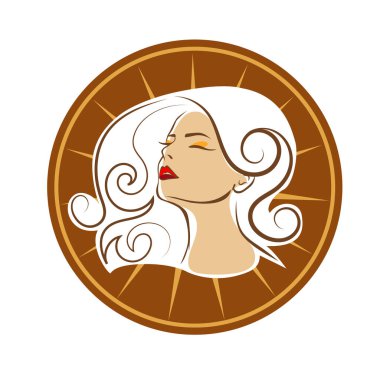 Saç ve güzellikle ilgili logo ya da ilgili herhangi bir grafik amaç için süs rozeti şekilli kadın profili çizimi.