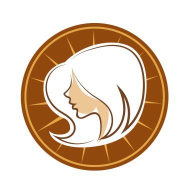 Saç ve güzellikle ilgili logo ya da ilgili herhangi bir grafik amaç için süs rozeti şekilli kadın profili çizimi.