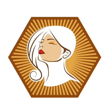 Saç ve güzellikle ilgili logo ya da ilgili herhangi bir grafik amaç için süs rozeti şekilli kadın profili çizimi.