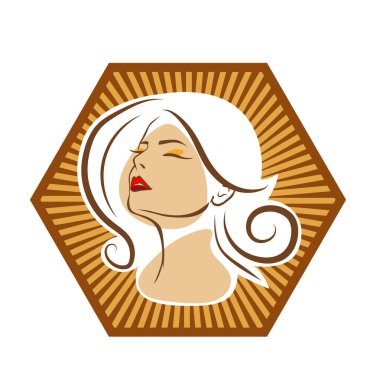 Saç ve güzellikle ilgili logo ya da ilgili herhangi bir grafik amaç için süs rozeti şekilli kadın profili çizimi.